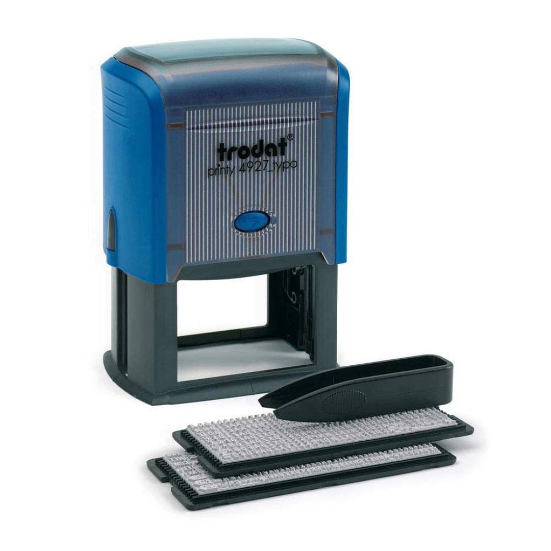 Trodat 4927 Typo mit austauschbaren Buchstaben und Pinzette Frontansicht - blau
