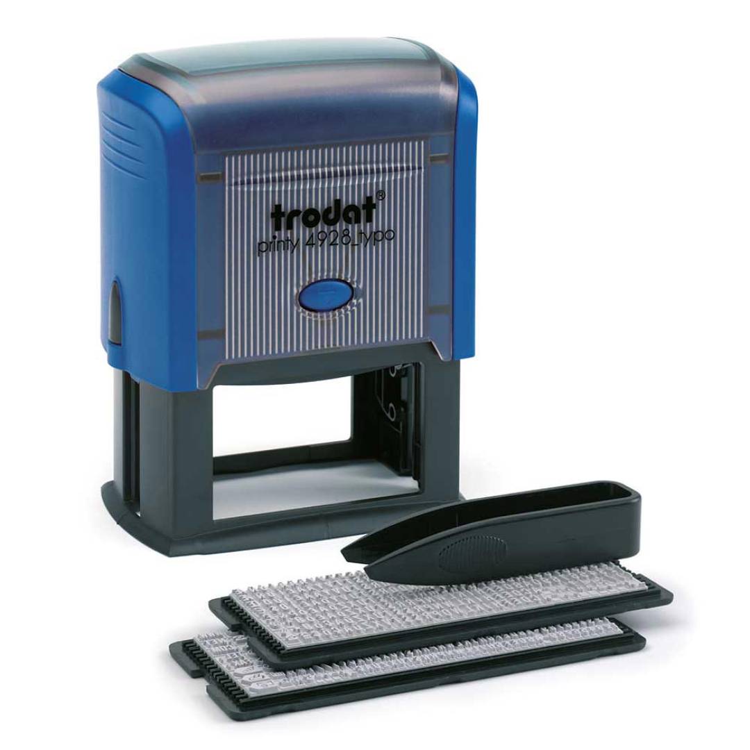 Trodat 4928 Typo mit austauschbaren Buchstaben und Pinzette Frontansicht - blau